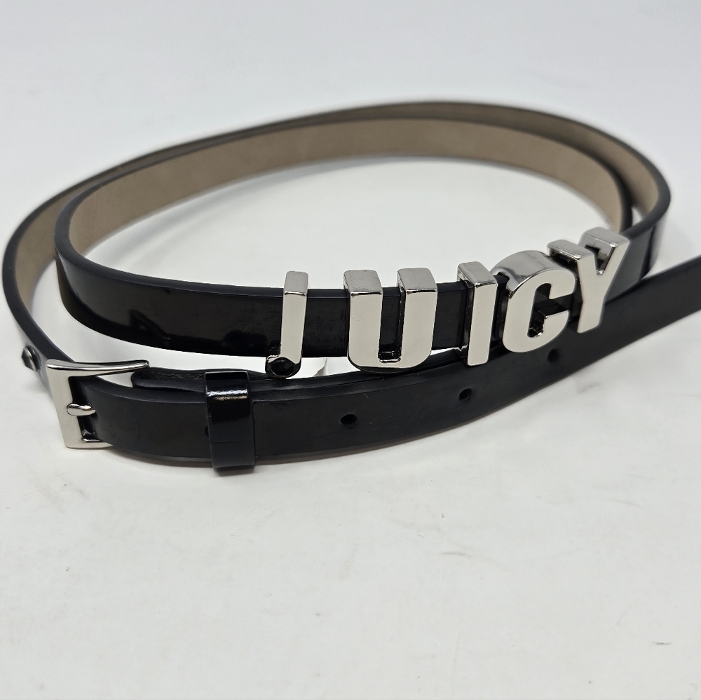 JUICY COUTURE BLACK FAUX PATENT LEATHER SKINNY BELT SILVER CHARMS WOMEN XL Y2K